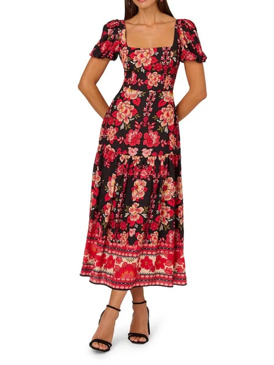 Adrianna Papell Dresses & Skirts - Adrianna Papell Red Floral Print Puff Sleeve Midi Dress - 14